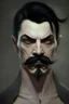 Placeholder: short wirey lean muscular trimmed goatee moustache sterm serious short black hair pale skin ghoul