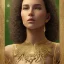 Placeholder: movie poster of conely with curly hair and crystal necklace trying dress focus on upper body and face