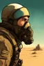 Placeholder: A bald rugged soldier with a short thick black beard wearing a bomber jacket, wearing a rebreather mask over his mouth, looking out upon a desert planet while the sun sets behind him art style Alex Maleev