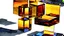 Placeholder: Grayscale abstract sculpture park, art style watercolor painting, metal smooth abstract shapes in distance, glass cubes with vivid dark amber glass in foreground, soft golden hour lighting