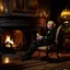 Placeholder: A pleasant and charming scene of a 70-year-old man in the Victorian period sitting on a wing chair next to the fireplace and reading The Times of London while enjoying a glass of wine on a winter evening. The man has a balding forehead and curly white hair. He wears black shoes and sits by the hearth on which candles are lit in candlesticks. On the wall hang paintings of an English countryside landscape. A boxer dog is napping on a carpet on the floor next to the woman. . The room is lit by th