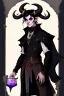 Placeholder: Young tiefling nobleman alchemist with black hair horns and large reptilian tail gothic jewelry and potion bottles in the style of Charles Addams