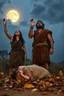 Placeholder: A Stone Age man and his wife crying ,wearing an animal skin cloths standing with anger , looking up to the sky , raising both hands up like prayer. His baby who is laying dead on the ground covered with leaves, A cloudy stormy behind a dim lighting moon ,4k, dramatic scene,