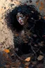 Placeholder: abstract creation of a beautiful girl with black curly hair, surrounded by black roses, thick metal chain broken, glass petals on the ground, autumn colours,dried out thorn bush, chaos,