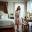 Placeholder: very beautiful sexy lady with beautful midi skirt and blouse standing in a luxury bedroom with high heels next to makeup desk looking to camera