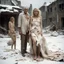 Placeholder: blonde woman, standing in torn dirty white dress made of small pieces of various fabrics, woman has exposed shoulders and breasts, standing next to a very old emaciated man, man is sitting on the ground, his clothes are torn, woman has a sad expression on her face, tears are running down her face , dirty face, bare feet, torn skirt, falling snow, man has a sad expression, long beard, sparse long hair, around is a winter landscape with dry old trees that have broken branches, high contrast, hyper