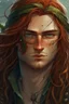 Placeholder: determined wet pirate nereid male with freckles and seaweed in long auburn hair