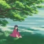 Placeholder: Girl sitting by the river, green landscape with bioluminescent trees, high quality, intricate detail, sharp focus, theme park, romantic, at dusk, light dust, makoto shinkai, studio ghibli