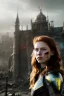 Placeholder: ultrarealistic, concept art, panoramic, ruined city,__intricate fantasy armor__, no star, __angles__, 18 year old woman, strikingly beautiful,ginger hair, _colour_, (pale __skincolor__ skin:1.2), __camera__, long hair, detailed face and eyes, medium breasts, sci-fi theme, freckles, dynamic pose, resolved expression, __accessory__, strappy outfit, (straps:1.1), sword in scabbard on left hip, (buckles, buttons, snaps, rings:1.0), haltertop style breastplate, detailed eyes, plump lips