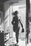 Placeholder: woman walking away out of someone's office with big windows sketch style