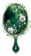 Placeholder: watercolor drawing of a dark green hand mirror with white lace and emeralds and flowers, on a white background, Trending on Artstation, {creative commons}, fanart, AIart, {Woolitize}, by Charlie Bowater, Illustration, Color Grading, Filmic, Nikon D750, Brenizer Method, Side-View, Perspective, Depth of Field, Field of View, F/2.8, Lens Flare, Tonal Colors, 8K, Full-HD, ProPhoto RGB, Perfectionism, Rim Lighting, Natural Lighting, Soft Lighting, Accent Lighting, Diffraction Grading, With Imperfecti