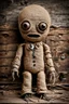 Placeholder: creepy cute burlap doll with scared face, its body is dirty, holey, cracked old burlap, its big head is made of burlap, its two eyes are made of coat buttons, there are stitches on its body , it sits in the corner of a dilapidated, dirty room in a dilapidated house, a spider crawls towards him on the floor, low lighting, detailed, thriller, eerily impressive image