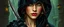 Placeholder: pen outline and realistic airbrush, upper body portrait of clever crow vintage cloaked assassin thief quickling juggler weird pretty woman with dark patterned Damascus steel sacrificial dagger in then elven magical green city of Forgotten Realms, myth drannor