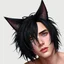 Placeholder: An androgynous man with messy black hair, black cat ears on his head, blue eyes.