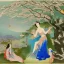 Placeholder: jolie femme slave avec des ailes irisés et une robe de princesse entourée de cerisiers du japon et de cascade d'eau transparente et bleuté