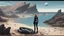 Placeholder: A woman in a catsuit standing on a beach of an alien world, in a rocky crystal-covered landscape with a crashed spaceship in the distance