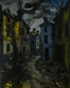 Placeholder: A bluish dark gray chaotic stronghold made out of iron painted by Vincent van Gogh