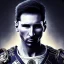 Placeholder: Lionel Messi face, samurai in the rain, style steampunk, darkblue tones,