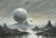 Placeholder: Planet in the sky, grey sky, rocks, sci-fi, impressionism paintings