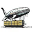 Placeholder: A whale carrying shipping containers on its back, and an engine with a propeller carrying the whale through the water. Digital Art, Digital Drawing