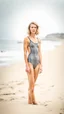 Placeholder: beautiful anorexic 19 year old woman, total shot, grey triathlon swimsuit, short blonde wavy bob hair, blurred beach background