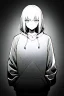 Placeholder: thoughtful girl in a loose sweatshirt, line arts, greyscale, deathnote style