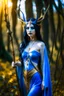 Placeholder: A picture of a beautiful blue faced Korean goddess with skin painted blue, blue body, blue torso, wild black hair, stag antlers, elven ears, golden skirt, holding a staff in a sunny forrest