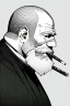 Placeholder: old man in profile smokes a cigar, shot hair, greyscale