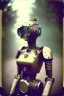 Placeholder: steampunk, vintage analog polaroid of a woman robot, female body, fog, lomography, heavy film grain, rain, color bleed, depth of field, bokeh, retro