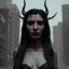 Placeholder: A medium-close-up shot of a black-haired tribal woman with horns standing on a sidewalk in a cyberpunk city. The woman only has one head