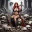 Placeholder: [high res photo by Moritat] Red Sonja poised on hands and knees surrounded by bones and skulls