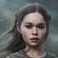 Placeholder: only perfect emilia clarke face, wearing dragon armor. fly hair, viking, village, highly realistic, highly detailed, mist around, smoke, particles, fog