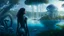 Placeholder: Detailed matte painting of a wide-angle shot of a woman, standing on the left side of the shot, with dark hair in a silver robotic catsuit, many large floating jellyfish with octopus tentacles, alien jungle trees in the distance, with an alien beach and lake