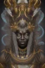 Placeholder: black male African Egyptian alien, cracks in the voodoo head, wicked, diamond eyes, crown, blood, 8k, finely detailed, photo realistic, leopard robe turquoise skull head gold dragon space alien rain skeleton gold teeth silver crown silver space suit spaceships