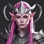Placeholder: Wood Elf warrior female, long fuchsia colored hair with small braids woven in and delicate curved antlers and pale clear eyes a scar on her face, armor is dark fuchsia and grey powerful and graceful, best quality, masterpiece, in flat desgin art style