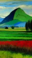 Placeholder: A green field with mountain high haystacks painted by Claude Monet