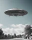 Placeholder: Design a retro futuristic, UFO hovering in a clear blue daytime, photorealism, surrealism, black and white photography, analog film, highly detailed