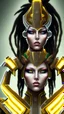 Placeholder: A woman has tanned skin, yellow eyes and black dreads. Her face show her superiority in the eyes of others. She is dressed in a steel armor with a few pieces of yellow and green fabric sticking out.