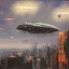 Placeholder: Steampunk scene of futuristic New York,galaxian fantasy airships flying over Manhattan in a cloudy sky,Giant sci-fi super-panzer in the style of John Berkey