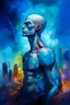 Placeholder: A surreal picture of a man with crystal visible chest in side it merge a big city buildings. Busch painting style , mystery, anger oil rough brush with thick colors, wearing nucleus with big cross on his chest , blue colors picture with colorful clouds