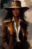 Placeholder: {{Gina Torres as zoe Washburne wearing a brown coat and jeans and a leather cowboy hat}} :: dark mysterious esoteric atmosphere :: digital matt painting with rough paint strokes by Jeremy Mann + Carne Griffiths + Leonid Afremov, black canvas