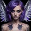 Placeholder: A model PRETTY EYES, highly detailed face with purple hair, sexy, big wings like angel, perfect body, , BEATIFULL eyes, fashion, photo, vibrant, cinematic, dark fantasy, portrait photography, conceptual art,whit tattoo, photography, volumetric lighting, ultra-detailed photography, black background, Perfect anatomy, super high resolution + UHD + HDR + highly detailed, hyperrealistic, dynamic lighting, purple, gold, PINK colors, STARS BACK AND moon