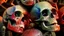 Placeholder: a picture of a dark, comedic, anatomically correct wall of colorful tightly packed stacked cyborg skulls of varying sizes and expressions, photo realistic, insanely meticulous, highly detailed, part of a collection of bones on display, 64k, dystopian, vray