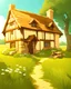 Placeholder: medieval cottage, in a field, sunny day