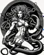 Placeholder: detailed persona, female, sword in hand, gorgon medusa, half turn, full height, leans on one leg, snakes on the head instead of hair