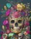 Placeholder: Mexican Skull Calavera, surrounded by poetic ornamental elements such as fruits, flowers, garlands of lights and native plants, colors Pink, Green, Gold and Black, 3D style, painting art, highly detailed, surrealist