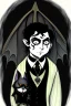 Placeholder: black haired black eyed young man necromancer goth hobbit with gothic jewelry and pet black bat in the style of Charles Addams