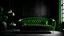 Placeholder: Black interior with green velour sofa, table, fur carpet and decor. 3d render illustration mock up.