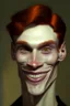 Placeholder: portrait of a man with an angular face, short red hair, very light skin, grotesque smile, high cheekbones