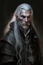 Placeholder: ancient grizzled, gnarled elf mage, he has long, grey hair streaked with black and sharp cheekbones. His eyes are black. He wears weathered medieval leather clothes. he is lean and tall, with pale skin, full body with thigh high leather boots and has a dark malevolent aura